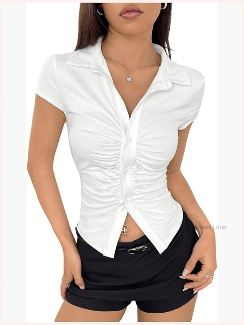 Short Sleeve Button Down Ruched Crop Top Fitted Y2K
